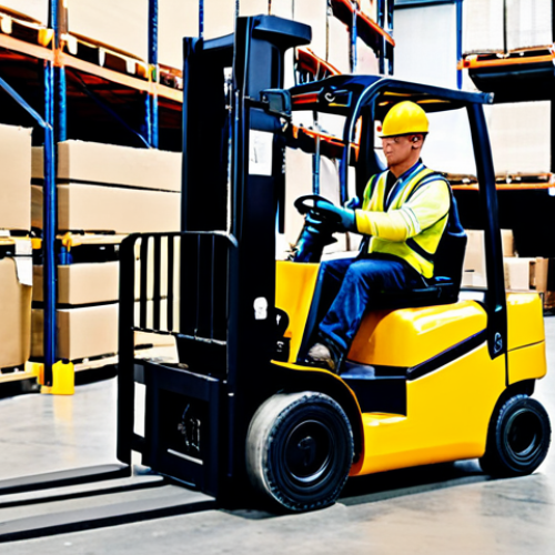 Home 9 **Image Prompt:** A warehouse worker wearing a hard hat, gloves, and safety boots carefully inspecting a forklift before operation, ensuring all systems are functional. The warehouse is well-lit with clearly marked safety zones. "Safe for work", "appropriate content", "fully clothed", "professional", "perfect anatomy", "correct proportions", "natural pose".