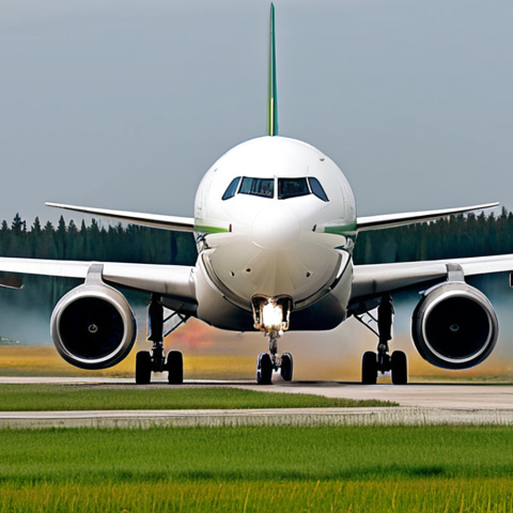 항공화물 운송에서의 환경 보호 전략 - Sustainable Aviation Fuel**
"A commercial airplane taking off, with a subtle green tint emanating f...