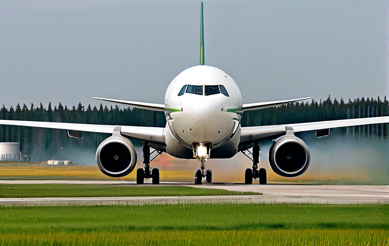 항공화물 운송에서의 환경 보호 전략 - Sustainable Aviation Fuel**
"A commercial airplane taking off, with a subtle green tint emanating f...
