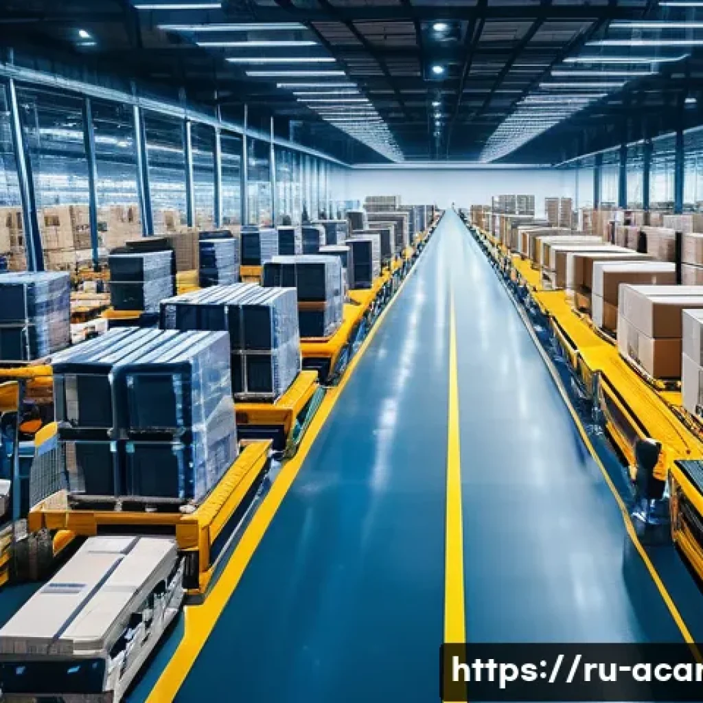 항공화물 처리 시간 단축 방법 - A modern, large-scale warehouse interior showcasing automated logistics operations: robotic arms and...