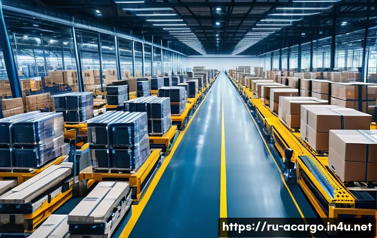 항공화물 처리 시간 단축 방법 - A modern, large-scale warehouse interior showcasing automated logistics operations: robotic arms and...