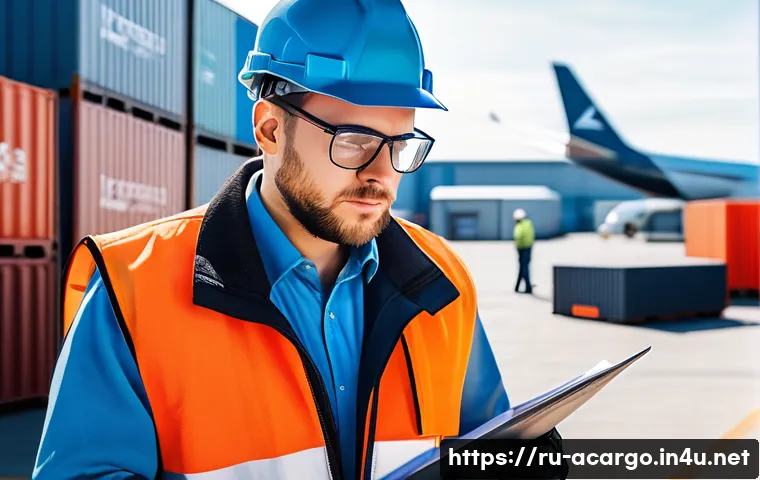 항공화물 분야의 공인 교육 프로그램 - A professional aviation logistics specialist in a modern airport cargo terminal, carefully inspectin...