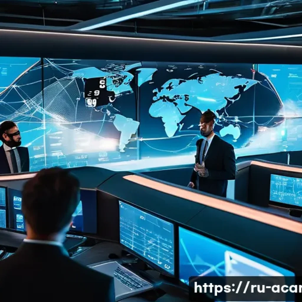 항공화물 트렌드 및 전망 분석 보고서 - A futuristic logistics control room with large digital screens displaying real-time flight tracking,...