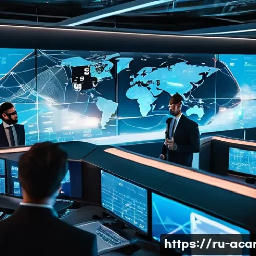Home 33 항공화물 트렌드 및 전망 분석 보고서 - A futuristic logistics control room with large digital screens displaying real-time flight tracking,...