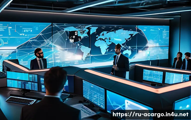 항공화물 트렌드 및 전망 분석 보고서 - A futuristic logistics control room with large digital screens displaying real-time flight tracking,...