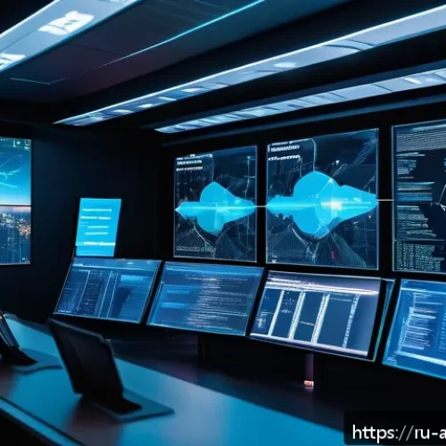 Home 32 항공화물 운송에서의 블록체인 기술 - A futuristic airport logistics control room showing a diverse team of professionals monitoring real-...