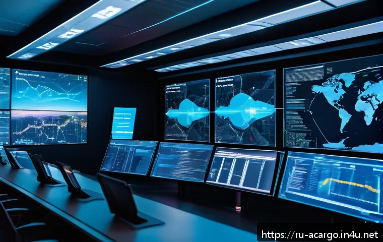 항공화물 운송에서의 블록체인 기술 - A futuristic airport logistics control room showing a diverse team of professionals monitoring real-...