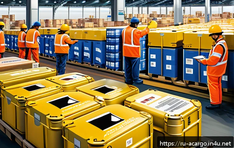 항공화물 국제 규정 이해하기 - A detailed, realistic illustration of an international air cargo warehouse scene showing diverse typ...